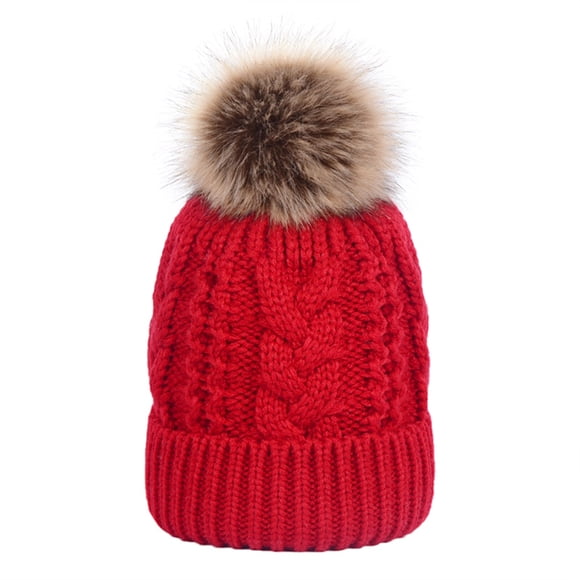 TOPTIE Knit Hat Faux Fur Pom Pom Beanie Hat Winter Fleece Lined Cable-Red