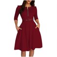 thumbnail image 2 of Ovzne Robes d'Été pour Femmes Robe pour Femme Robe d'Été Décontractée pour Femme Couleur Unie Ceinture Fermeture Éclair Robe à Manches Longues Robe pour Femmes à Manches Longues Liquidation, 2 of 7