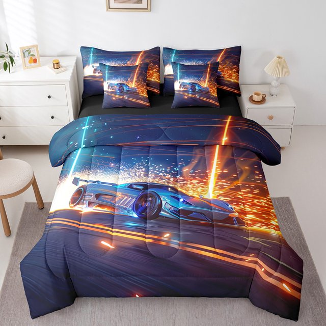 Sports Car Bed in a Bag Full Size Comforter Set 7 Pieces,Racing Car Bedding Sets Extreme Sport Sheet Set with Comforter