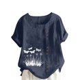 thumbnail image 3 of QATAINLAV Hauts en Coton et Lin pour Femmes 2025 Col Ras du Cou Manches Courtes Retroussées T-Shirt Tendance à Imprimé Floral Blouse Décontractée Coupe Ample Tenues de Vacances Ventes Prime Liquidation Bleu Marine P, 3 of 5