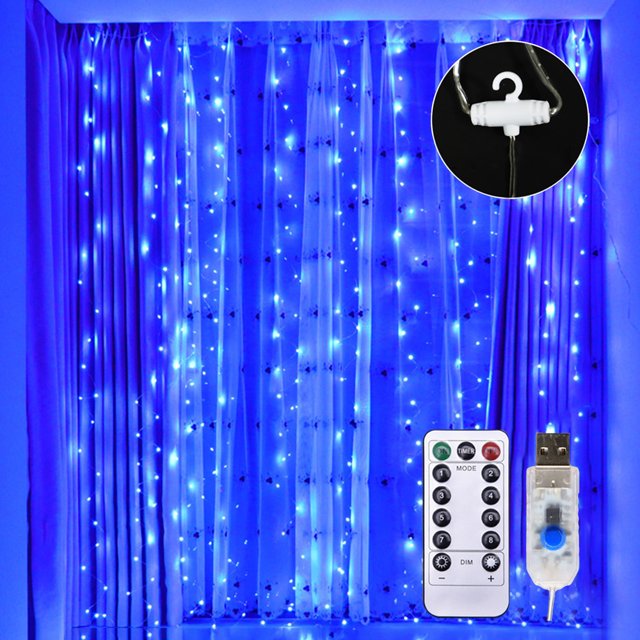 Amdohai Guirlande Lumineuse de Rideaux Alimentée par USB Décoration d'Éclairage de Rideau pour Rendez-Vous Demande Rassemblement 8 Modes d'Éclairage 118* 118 Po Bleu