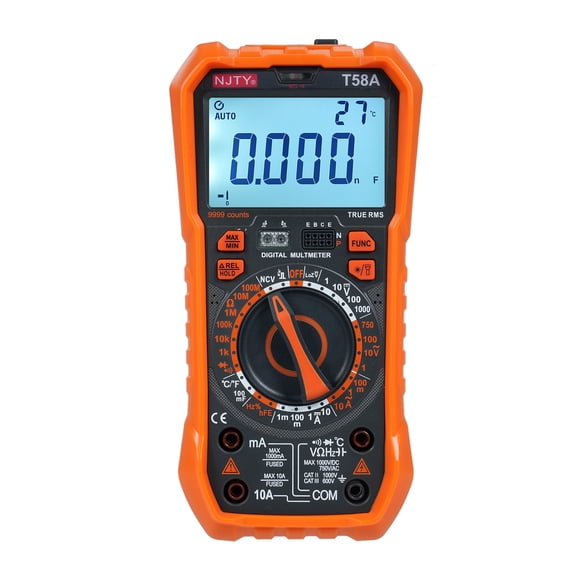 NJTY NJTY T58A Digital Multimeter - 9999 Counts Voltage, Current, Frequency, Resistance, Capacitance Measurement Tool for Professionals - Black & Orange (Battery Not Included)