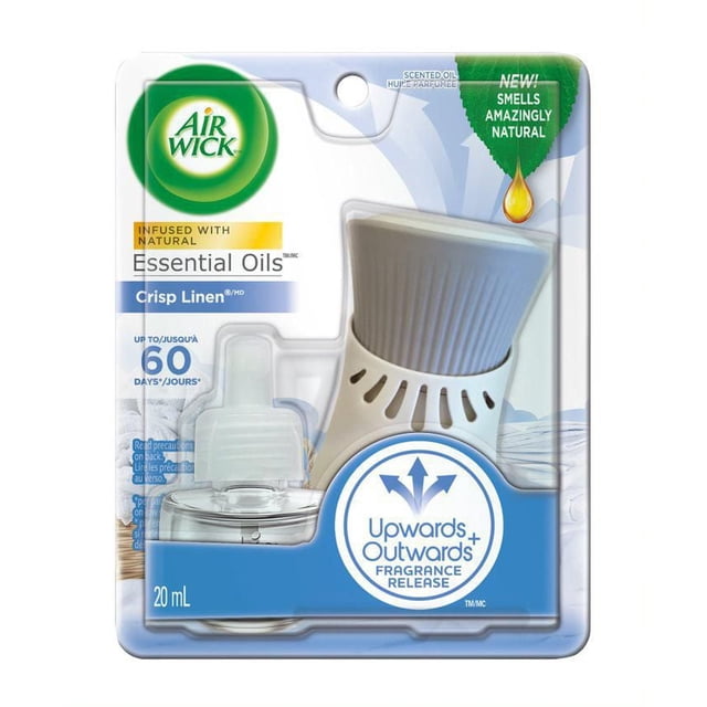 Air Wick Plug-in Air Freshener, Scented Oil Kit Crisp Linen featuring a white vented plug-in warmer and 20 mL refill infused with natural essential oils, delivering continuous fragrance release for up to 60 days, suitable for use in various rooms.