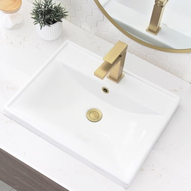 Lavabo de Salle de Bain Rectangulaire Élégant à Montage Supérieur 20 1⁄4"L x 16"P en Porcelaine avec 2 Accessoires P-210H