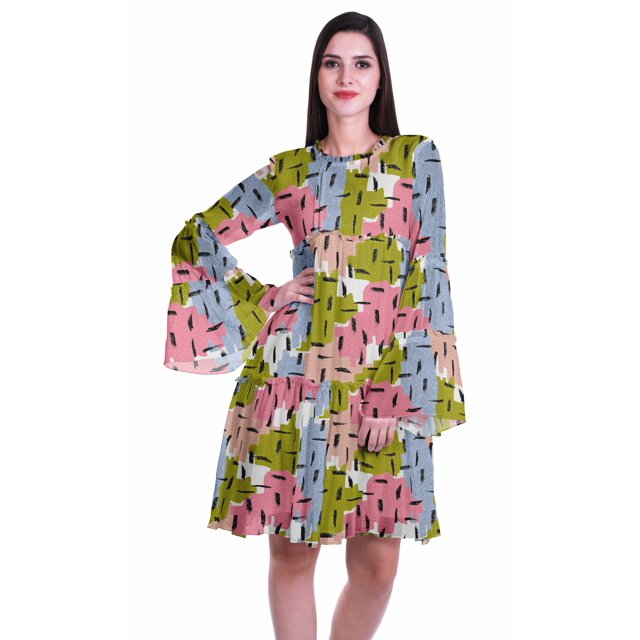 Moomaya Robe d'Été Fluide à Manches Longues Imprimée pour Femmes, Longueur Genou, Évasée