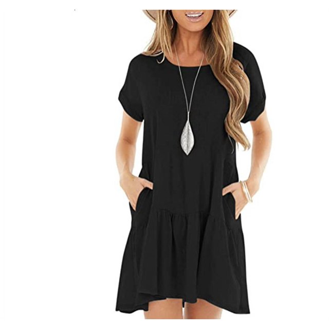 Women's Summer Crewneck Pocket Short Sleeve Dress Splicing Ruffle Swing Mid Length Loose Dress