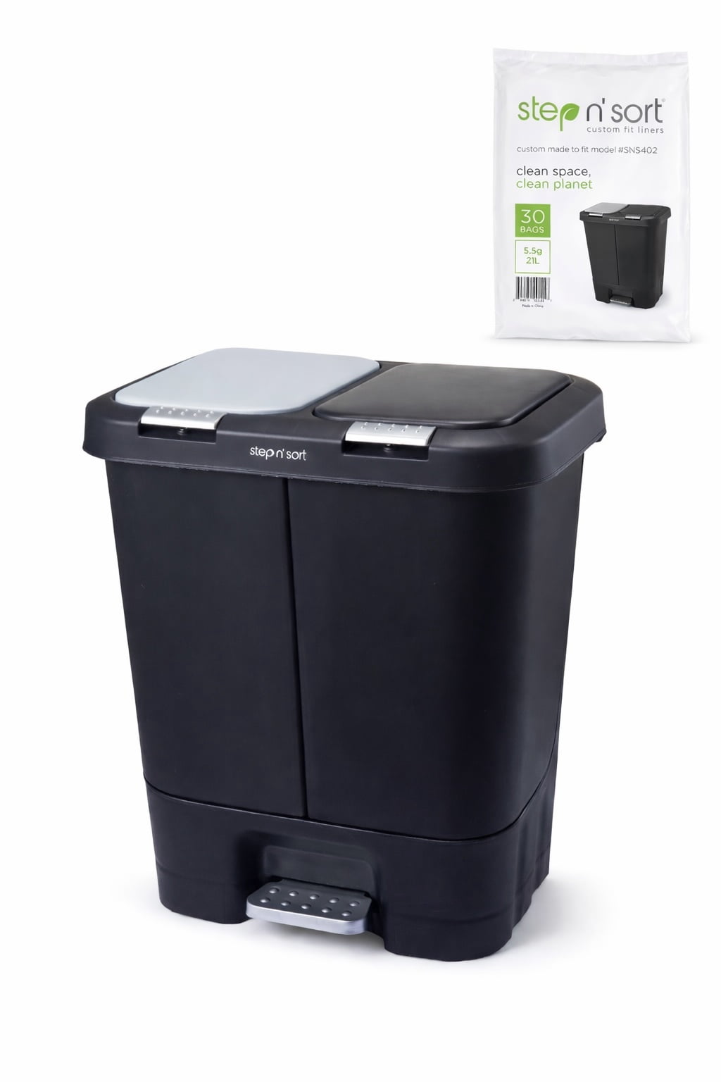 Step N’ Sort 40L Dual Trash & Recycling Bin – 2 x 20L Kitchen Garbage Can, Hands-Free Step Pedal, Dual Lid Opening, Soft-Close Lid, Removable Inner Bins, Black
