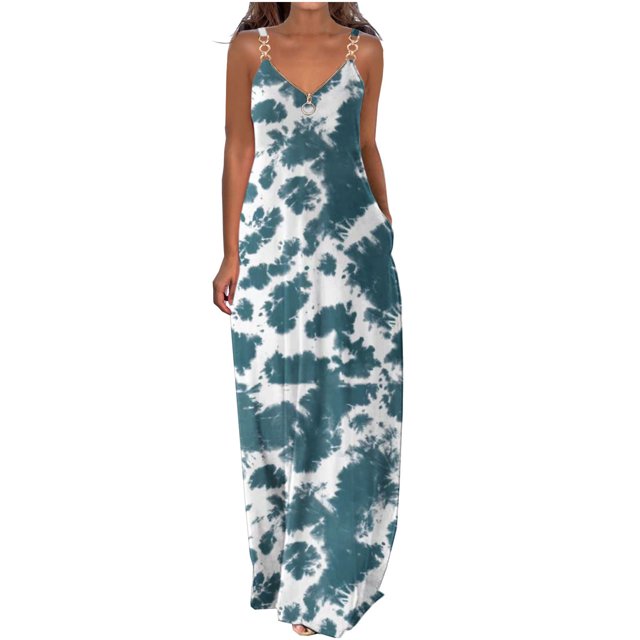 CEHVOM Robes d'Été pour Femmes Décontractées Boho Imprimées à Bretelles Anneau Plage Longue Robe Maxi avec Poches