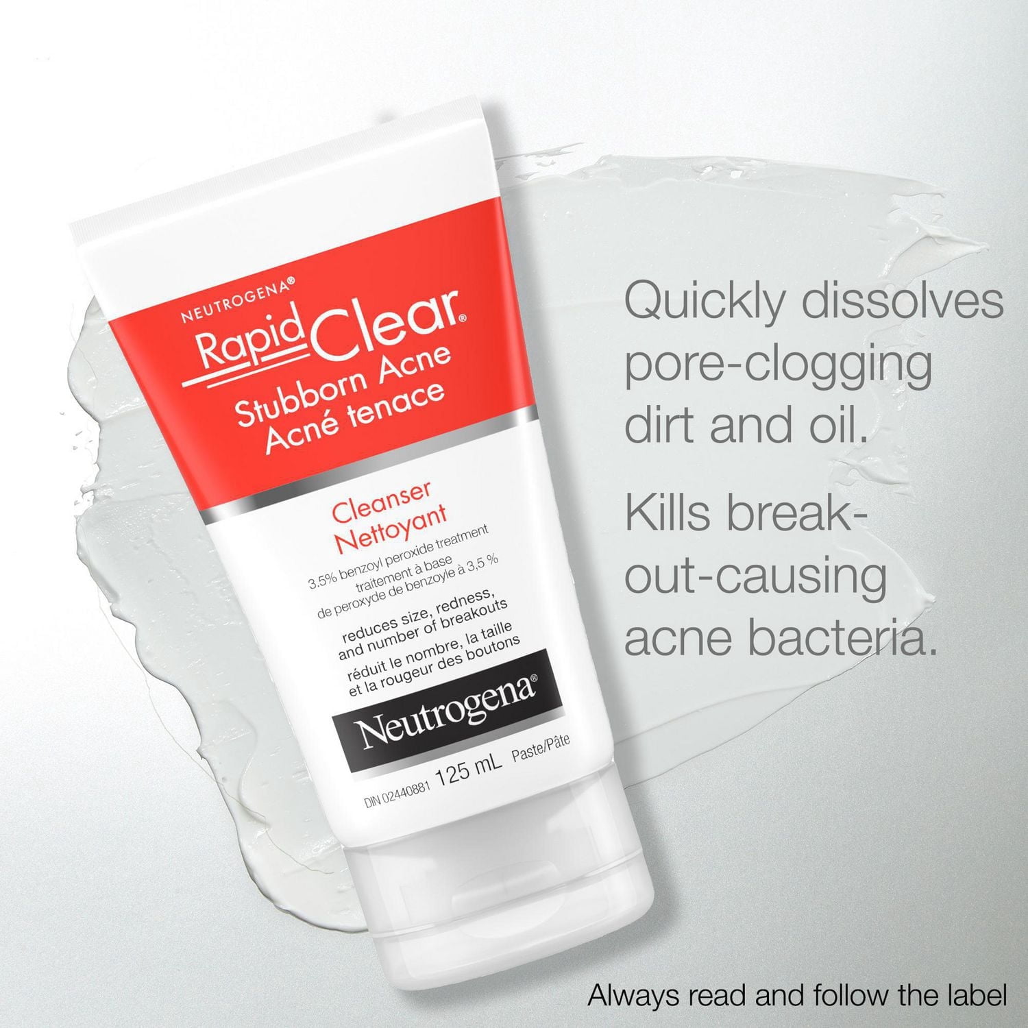 Neutrogena Rapid Clear Nettoyant pour le Visage pour Acné Tenace, Traitement de l'Acné au Peroxyde de Benzoyle Nettoyant pour le Visage