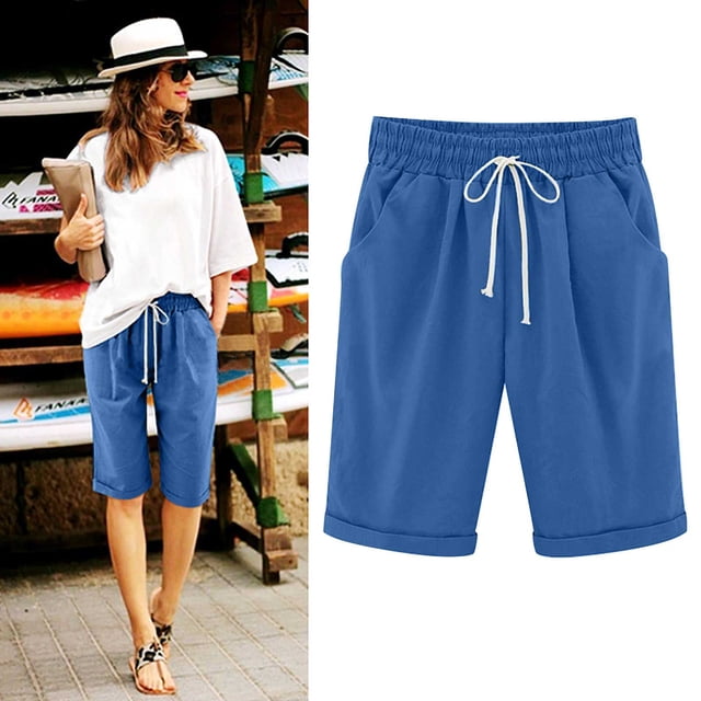 Basic Cotton Linen Shorts for Women,Womens Shorts Summer Plus Size Solid Five Points Large Size Cotton Linen Shorts with Pockets Casual Pants,Elastic Waist Workout Shorts Casual Summer Beach Shorts