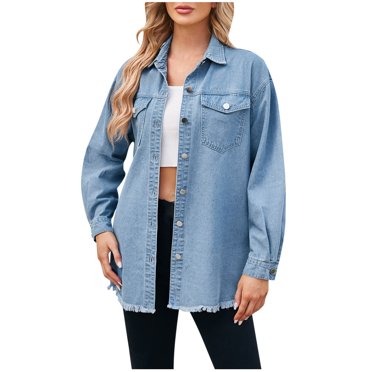 Veste en Denim pour Femmes, Veste en Denim Extensible Grande Taille pour Femmes, Veste en Denim Surdimensionnée Mi-Longue pour Femmes, Manteau Biker en Jean S-100 Bleu Pâle m