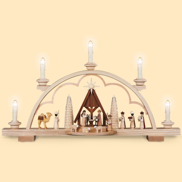 German candle arch Nativity scene with manger, length 57 cm / 22 inch, natural, electrical illuminated (120V, 50Hz for USA and Japan), original Erzgebirge by Müller Seiffen