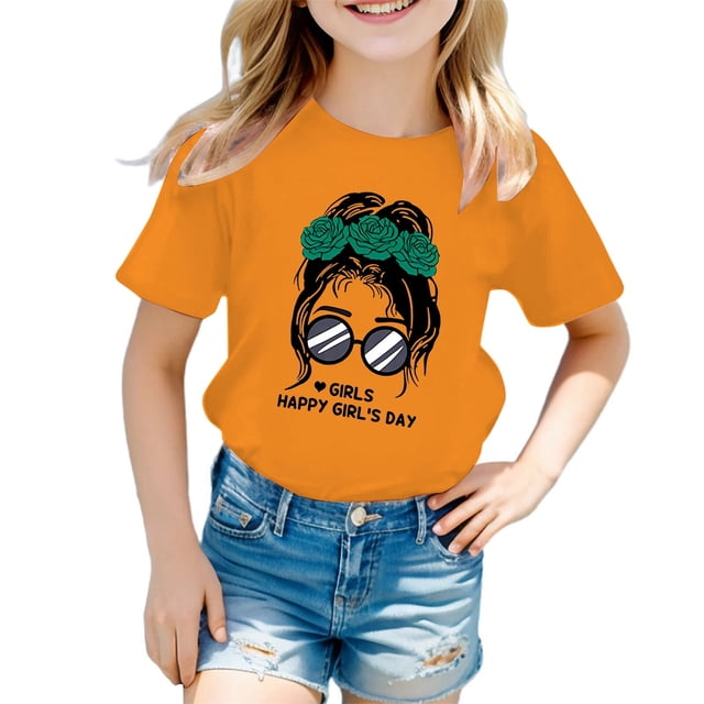 Hauts de Danse pour Enfants Filles T-Shirt Manches Longues Enfants Filles Mignon Graphique Imprimé Col Rond Manches Courtes Tee Été Décontracté T-Shirt Hauts