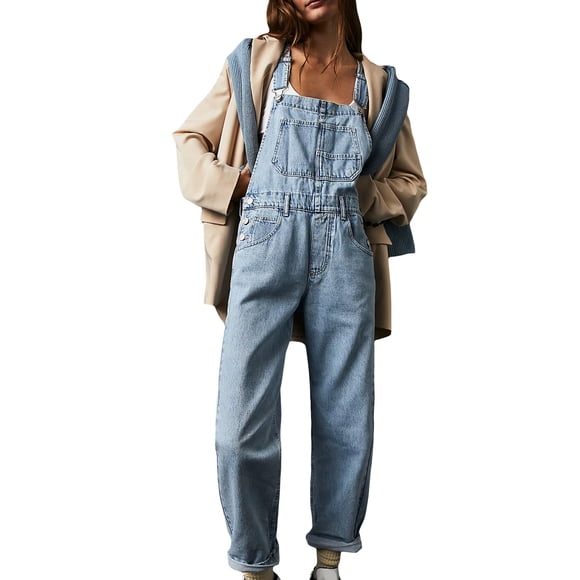 SUNSIOM Women Denim Long Jumpsuit Casual Spaghetti Strap Wide Leg Romper Pants Summer Baggy Bib Overalls