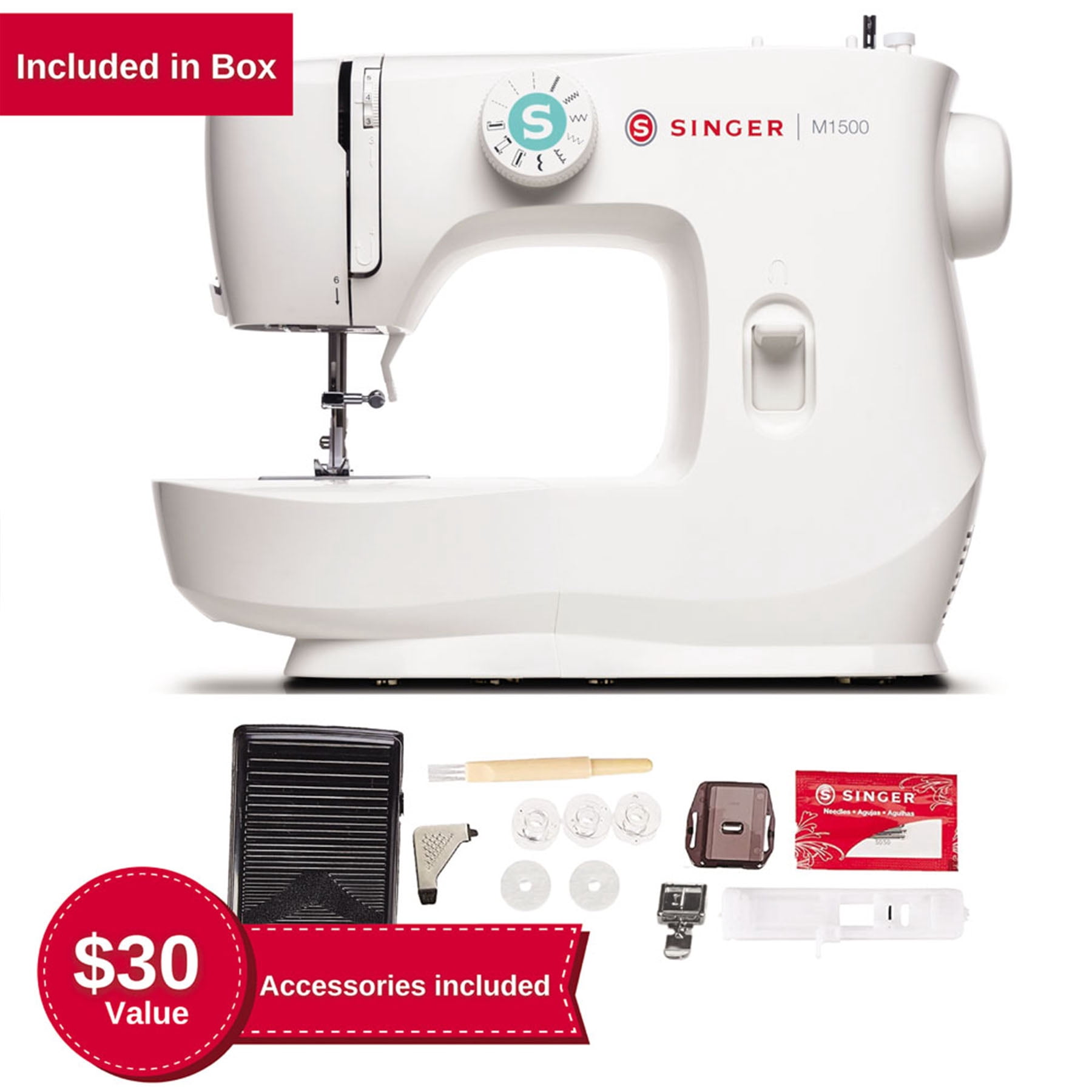 SINGER® M1500 Portable Mechanical Sewing Machine for Beginners, 6 Built-In Stitches and Accessories