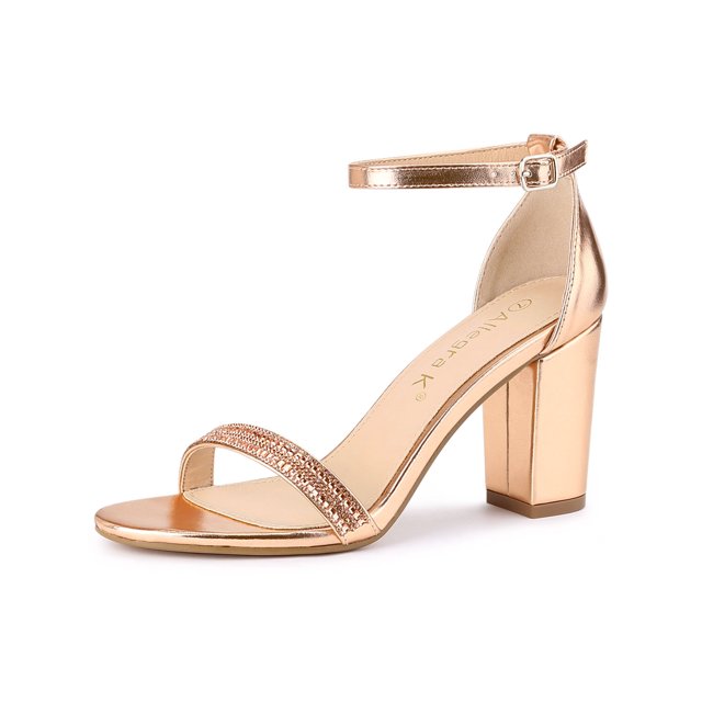 BLISSFUL STEP Women's Sandals Rhinestone Chunky Heel Ankle Strap Open Toe Party Shoes Rose Gold 8
