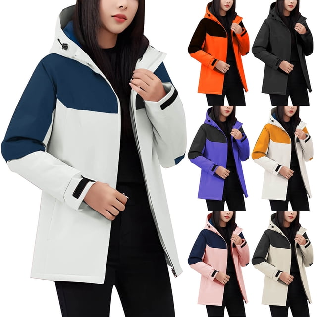 Sentmoon Windbreaker Jacket Women Plus Size Hooded Neck Long Sleeve Woman Coat Zipper Color Block Windproof Waterproof Womens Fall Clothes with Pockets Fall and Winter Comfy for Running and Hiking