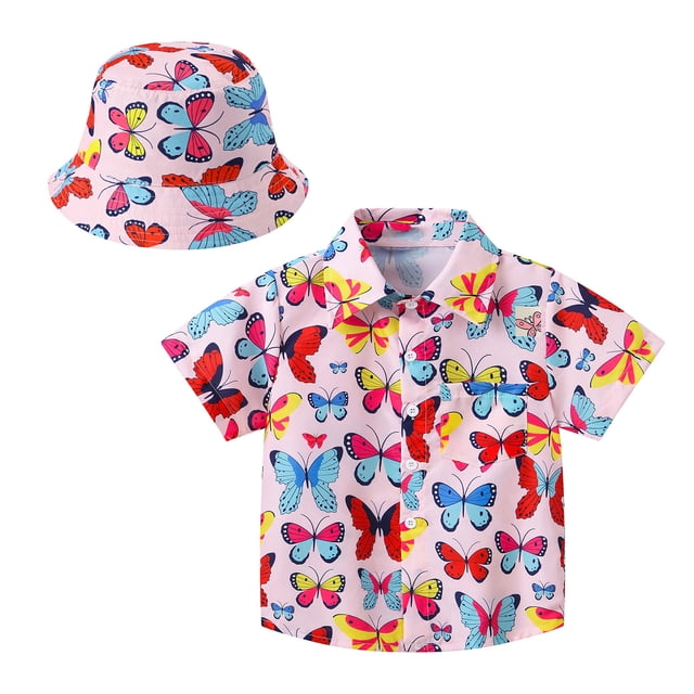 TZEWGL Short Sleeve Summer Cartoon Prints Beach Holiday Floral Print Shirt With Hat 2Pcs Set Clothes For Infnants size 4-5T