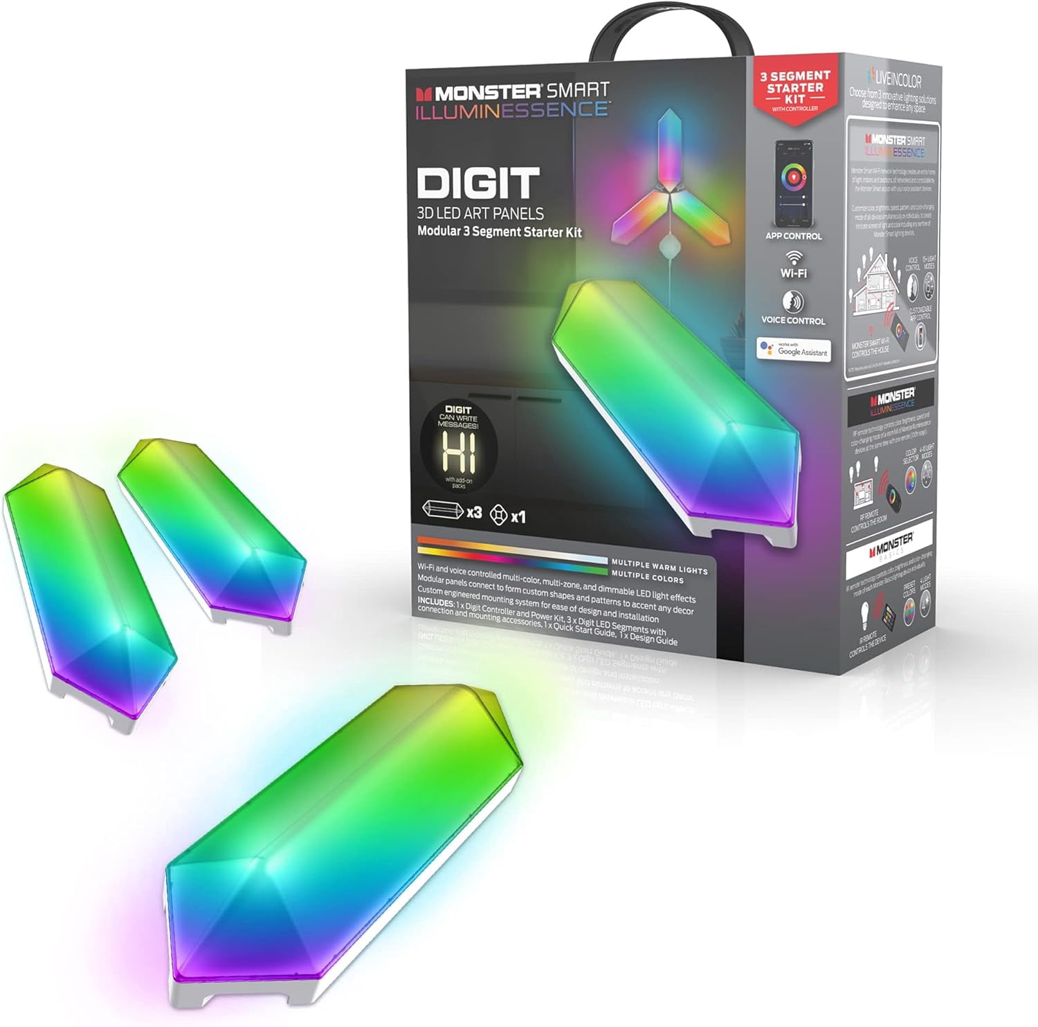 Monster Digit 3D LED Art Panels Starter Kit, 3 Modular Panels, Wi-Fi Smart Lighting, RGB, Voice Control, Sound Reactive – MLB7-1035-CAN
