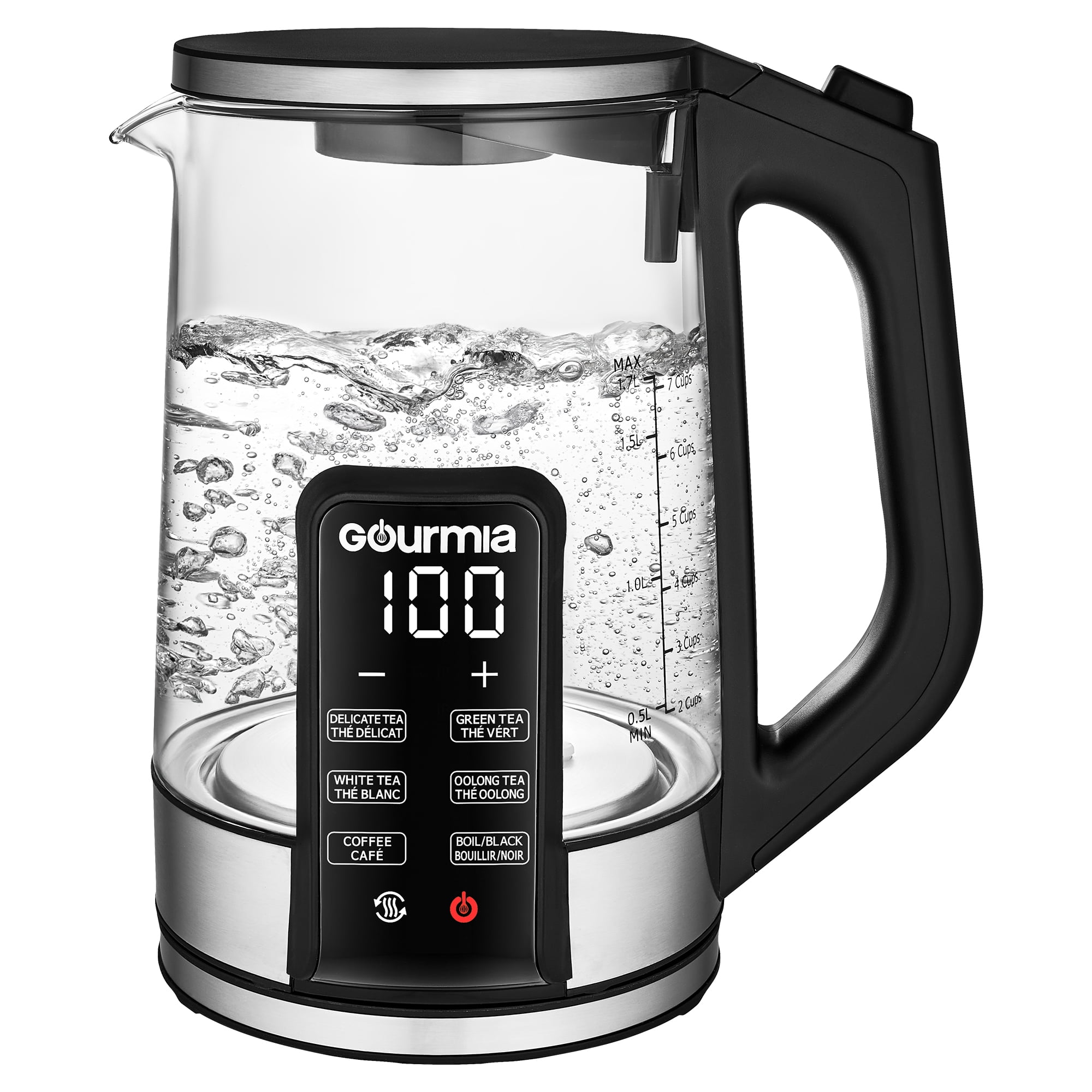 Bouilloire électrique programmable en verre et sans fil de 1,7 litre de Gourmia