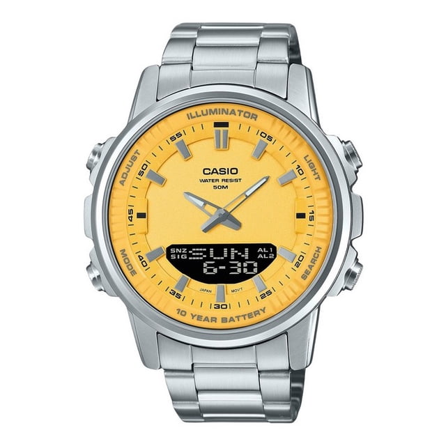Casio Analogique Numérique Combinaison Acier Inoxydable Cadran Jaune Quartz AMW-880D-9AV Montre pour Homme avec Boîtier en Acier Inoxydable de 47 mm, Cadran Jaune avec Affichages Analogiques et Numériques, et Cristal Minéral. Comprend l'Heure Mondiale, un Calendrier Automatique Complet, un Chronomètre 1/100 Seconde et un Affichage 12/24 Heures. Résistante à l'Eau jusqu'à 50 Mètres avec un bracelet en Acier Inoxydable durable.