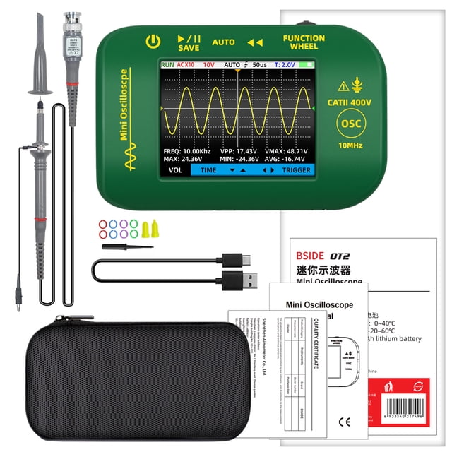 TFixol Portable Lithium Oscilloscope OT2 with 2.8" Full-View Color Screen, 10MHz Bandwidth, 48MSa/s Real-Time Sampling, Auto-Ranging, True RMS, Data Hold, Auto-Off (Top Configuration)
