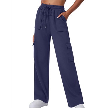 LLYwey Clearance Sales Women's Cargo Pants with Pockets Ladies New Straight Tube Solid Color Multi Pocket High Waisted Drawstring Work Sweatpants Pants New Full Length Pants Regular Fitted Navy L