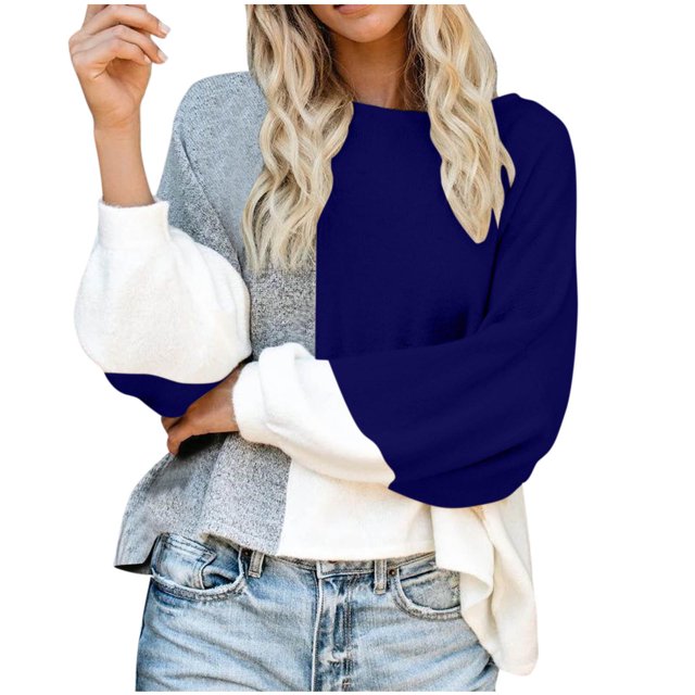 Rbaofujie Chandails d'Automne pour Femmes Mode Ample Couleurs Unies Chandail Manches Longues Col Rond Haut Chandail Bleu Chandails à Capuchon pour Femmes