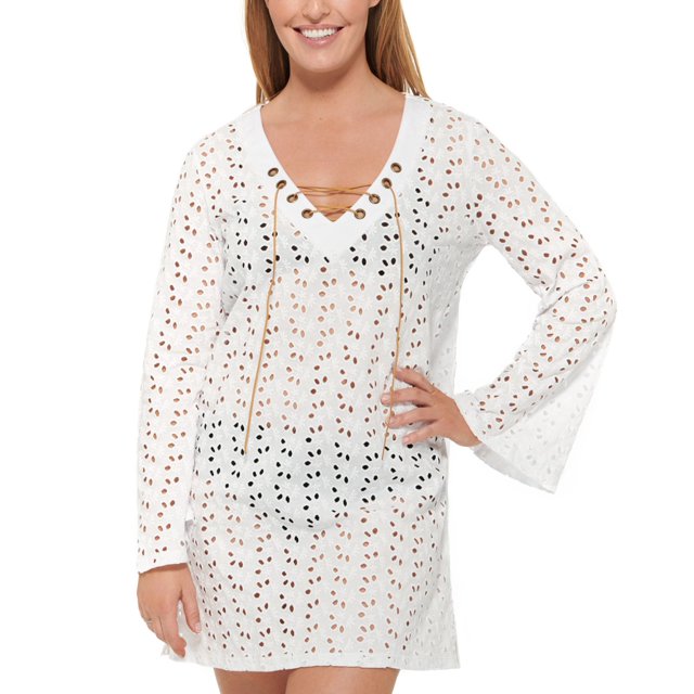 Dotti Peuplier Ciels Coton Cloche Manches Tunique Cover-Up, Grand, Blanc
