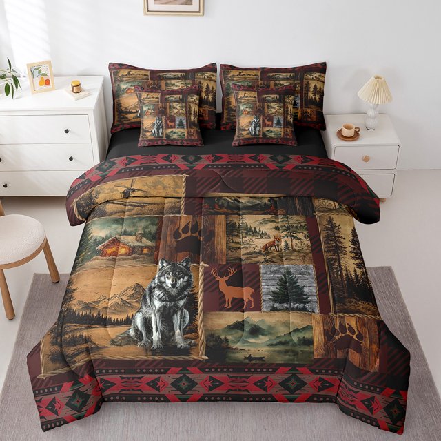 7 Pcs Wolf Comforter Set Queen,Rustic Farmhouse Patchwork Bed in a Bag with Flat Sheet and Fitted Sheet for Kids Teen Adult,Woodland Animal Bedding Set with Pillowcase and Sham Reversible
