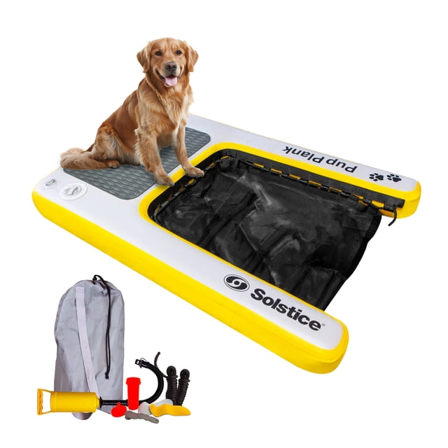 Solstice Original Chiot Gonflable Planche Chien Float Échelle Rampe Flottante pour Piscines, une Rampe pour Animal Jaune et Grise avec un point d'Entrée en Maille Lestée pour un Accès Facile à l'Eau. Conçue pour les Piscines, les docks et les Bateaux, Elle Comprend des Anneaux en D Intégrés, Deux Cordes de 8 Pieds, une Pompe, un Sac de Transport et un kit de Réparation. Convient aux Chiens jusqu'à 200 Livres.