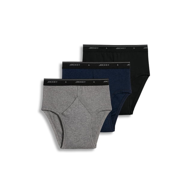 Jockey Men's Classic Low Rise Brief - 3 Pack featuring three pairs of low-rise briefs in grey, navy, and black. Made from breathable 100% cotton fabric with a Y-Front fly design for a secure, supportive fit. Includes StayNew technology to reduce pilling and fading, and Staycool+ technology to wick sweat and keep you dry. Designed for full coverage and everyday comfort.