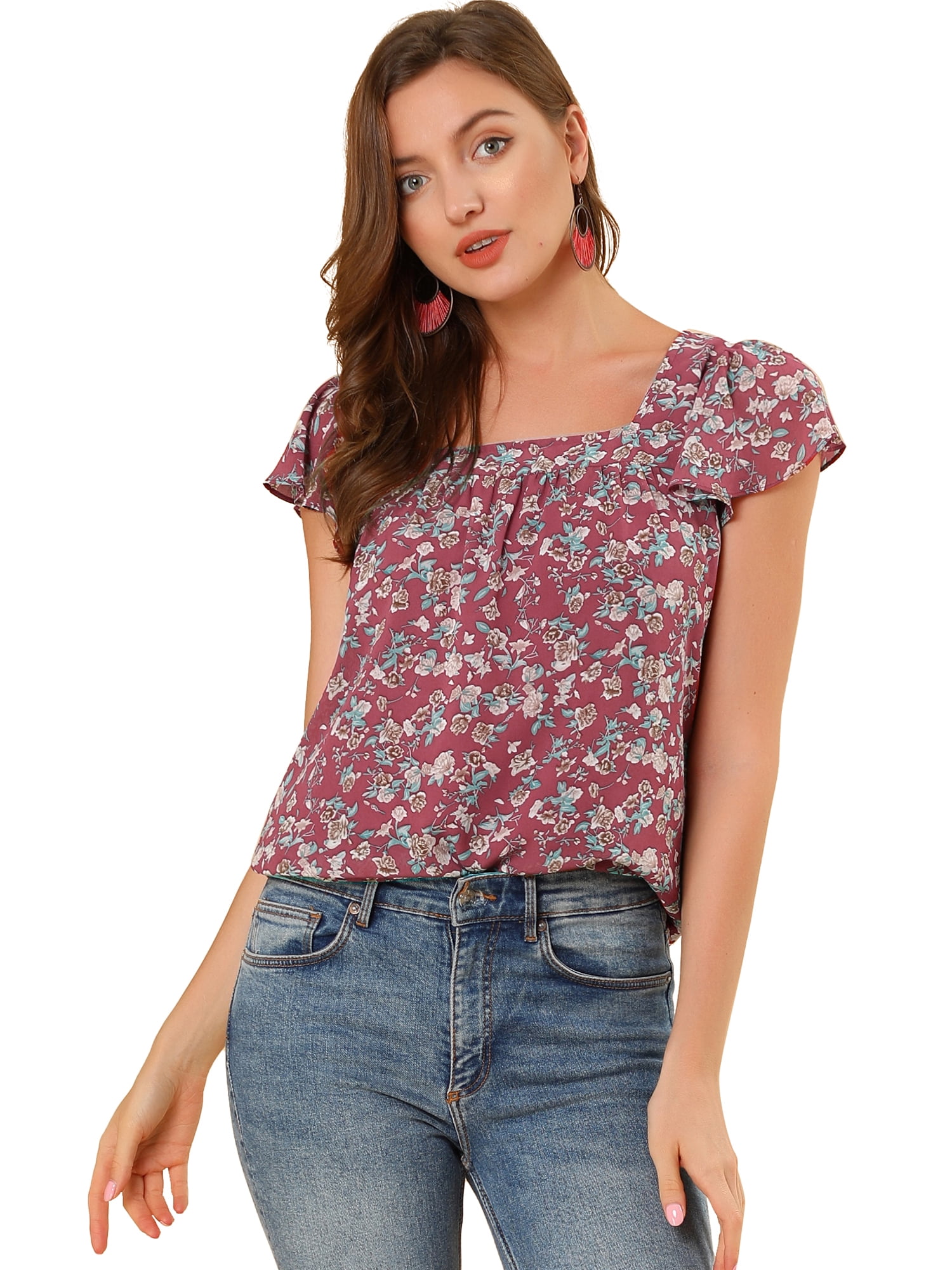 INSPIRE CHIC Women's Chiffon Square Neckline Ruffle Sleeve Floral Top