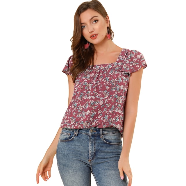 INSPIRE CHIC Women's Chiffon Square Neckline Ruffle Sleeve Floral Top