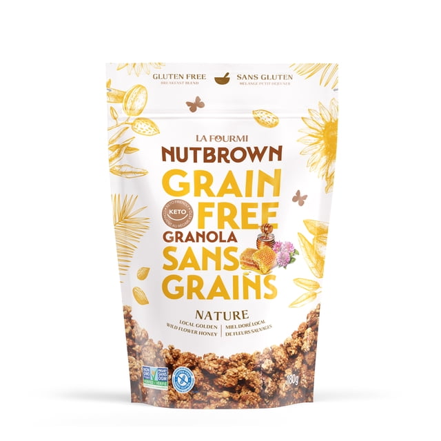 Nutbrown Nature gluten-free granola by La Fourmi in a 180g resealable pouch. The packaging highlights its grain-free, keto-friendly, and gluten-free attributes, with a vibrant design featuring honeycomb, flowers, and nuts. Certified Non-GMO, Kosher, and made in Canada, this granola is crafted with slow-roasted nuts and seeds, sweetened with organic coconut sugar and Canadian honey. Ideal for breakfast with milk or yogurt, as a topping, or as a snack.