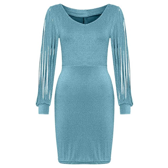 Pompotops Robe Aguichant à Manches Longues pour Femmes, Robes de Soirée Formelles, Col en V, Paillettes, pour Fête Ou Bureau