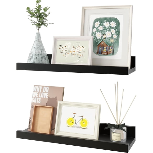 Floating Shelves Wall Shelves Set of Wood Storage Shelves with Ledge Wall Mounted Floating Shelf for Living Room Kitchen Bedroom Books Photo Frames Decor Walnut