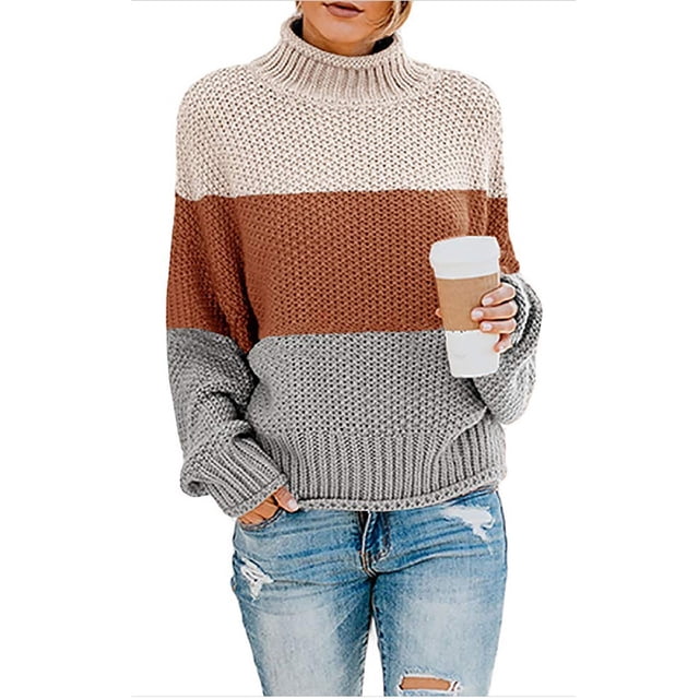 Frostluinai Women's Color Block Chunky Sweaters Turtleneck Long Sleeve Oversized Pullover Drop Shoulder Loose Fit Sweaters Comzy Sweaters