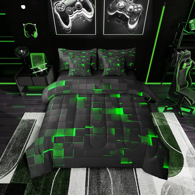 YST 7 Piece Boys Black Green Comforter Set, Geometric Check Grid Bedding, Queen Size, Reversible, Neon Gradient Plaid