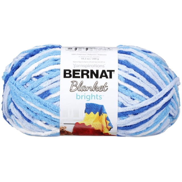 Bernat® Blanket Brights™ Yarn, super bulky #6 polyester chenille yarn in blue and white shades, 10.5oz/300g skein with 220 yards, ideal for knitting or crocheting blankets, home décor, and crochet baskets.