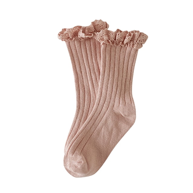 WUANDIXFA Ruffle Socks for Toddler Girls Children's Socks Vintage Lace Solid Color Double Needle Children's Socks Girls Spring Autumn Mid Thigh Socks Pink,9-12 Years