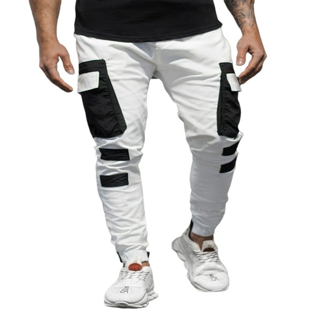 Men‘s Pockets Patchwork Cargo Trousers Color Block Casual Trousers Long Pants