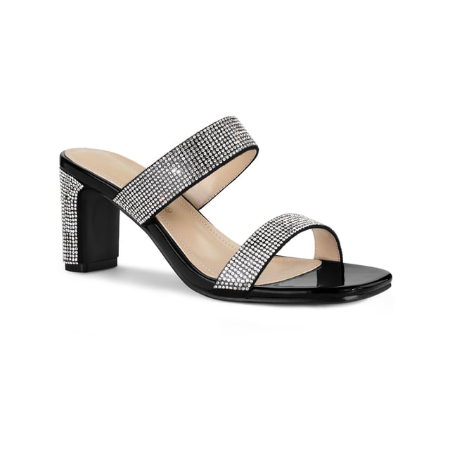 BLISSFUL STEP Women's Rhinestone Square Toe Chunky Block Heel Slides Sandals