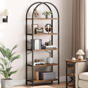 Bibliothèque 5 Tier Bibliothèque Arched Display Racks Tall Standing Bookshelves Cadre en métal Plateau de rangement moderne Grand plateau de livre en bois pour chambre, salon, bureau à la maison, blanc/or