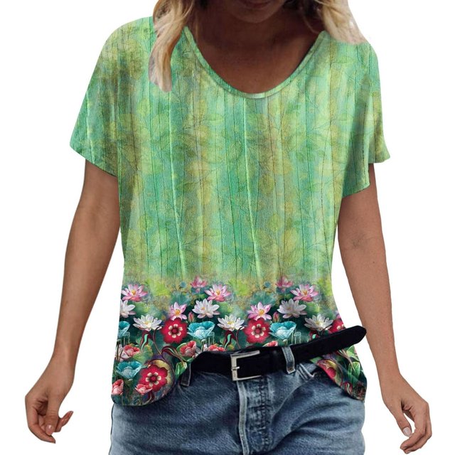 Femmes Été Imprimé Manches Courtes O Tee-Shirt Tops
