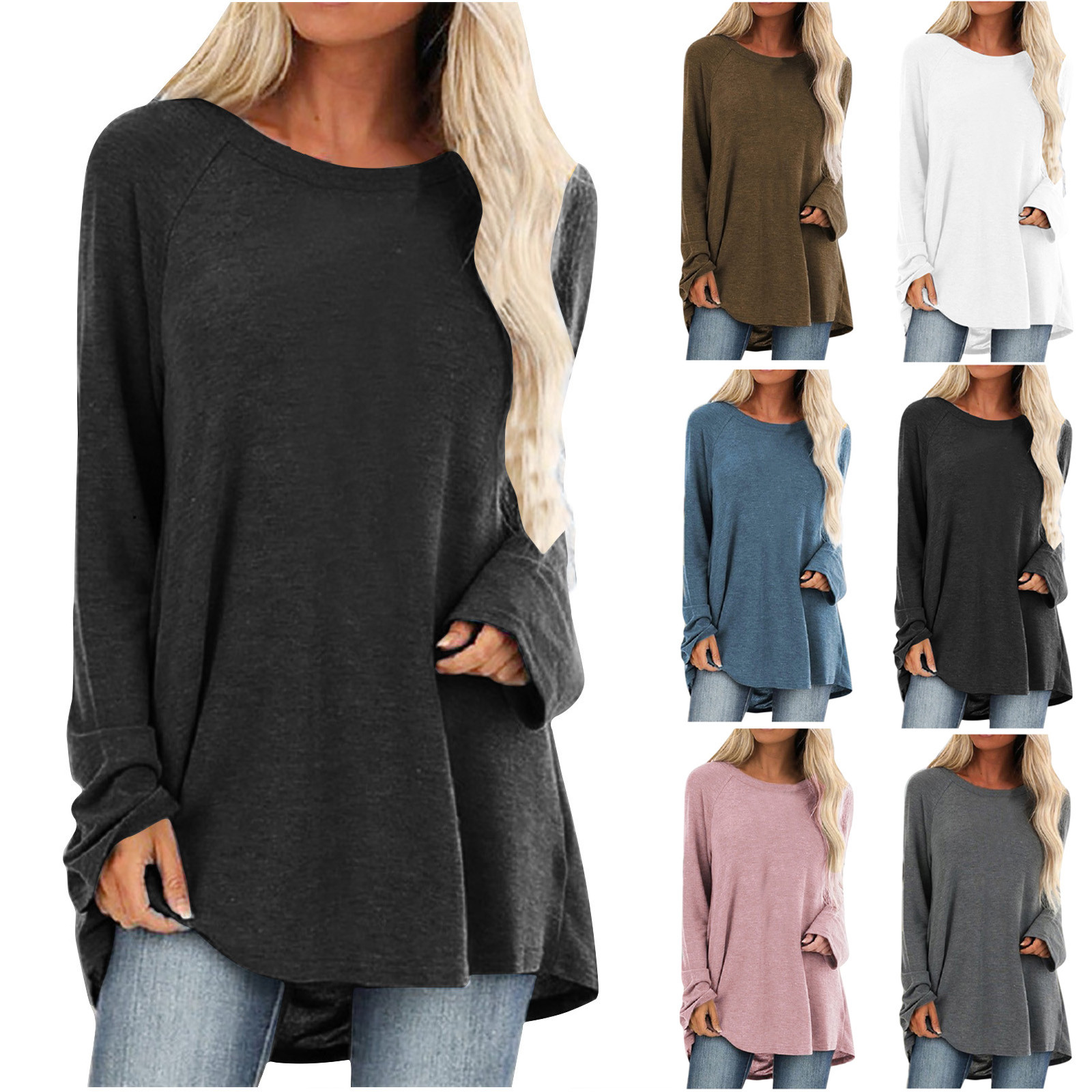 T-Shirt Décontracté à Col Rond pour Femmes, Manches Longues Amples, Blouse Unie, Hauts Amples d'Été Grande Taille pour Femmes en Solde