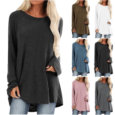 T-Shirt Décontracté à Col Rond pour Femmes, Manches Longues Amples, Blouse Unie, Hauts Amples d'Été Grande Taille pour Femmes en Solde