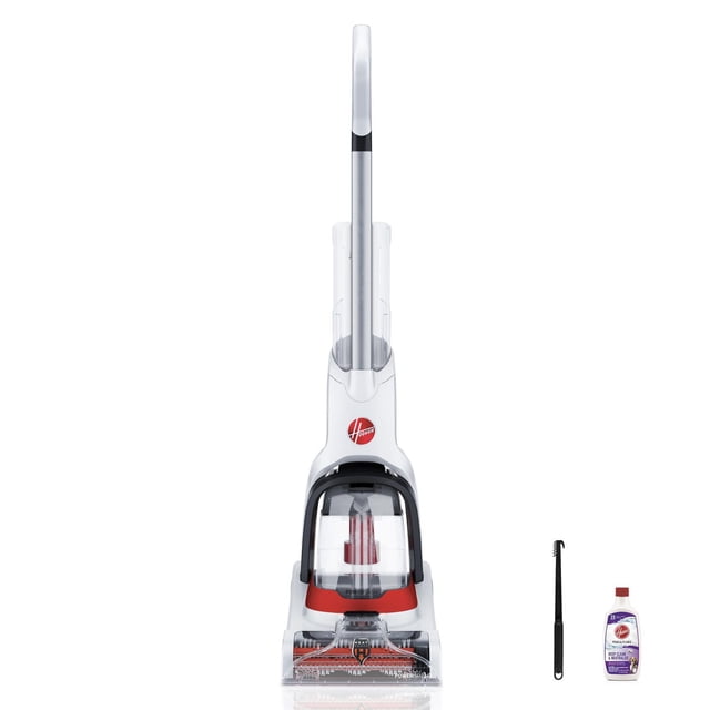 Hoover PowerDash Upright Compact Carpet Cleaner in white and red with a clear water tank and visible brush roll, shown with a black nozzle cleanout tool and a bottle of Hoover Deep Clean Carpet Formula, designed for portable, lightweight carpet cleaning with Heatforce technology for faster drying.