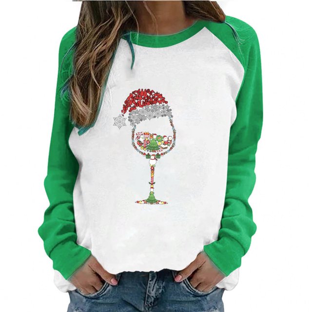 HKEJIAOI Femme Manches Longues Col Rond T-Shirt Imprimé Verre de Vin de Noël Mode Femmes Mode