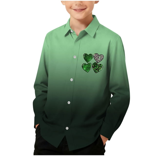 RXMEKW Chemise à Manches Longues Imprimée de la Saint-Patrick pour Garçons avec Col Rabattu, 95 % Coton 5 % Élasthanne, Vert
